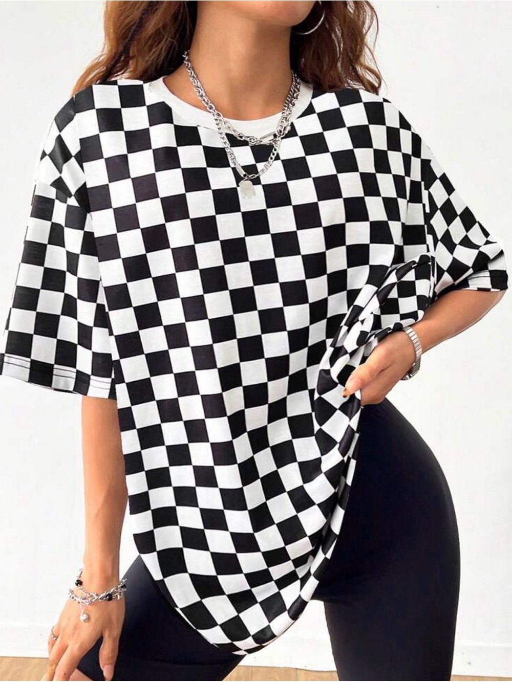 SHEIN Black & White Checkered Oversized Short Sleeve Tee